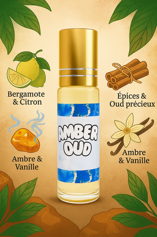 Musc Roll-On Amber Oud 10ml – Huile de Parfum Sans Alcool Orientale Mixte Longue Tenue